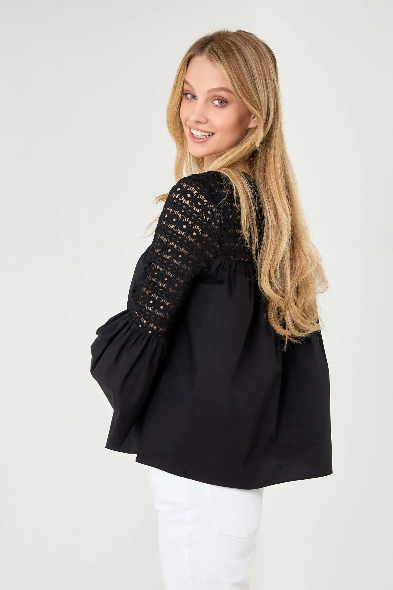 Lace with Poplin Bell Sleeve Blouse