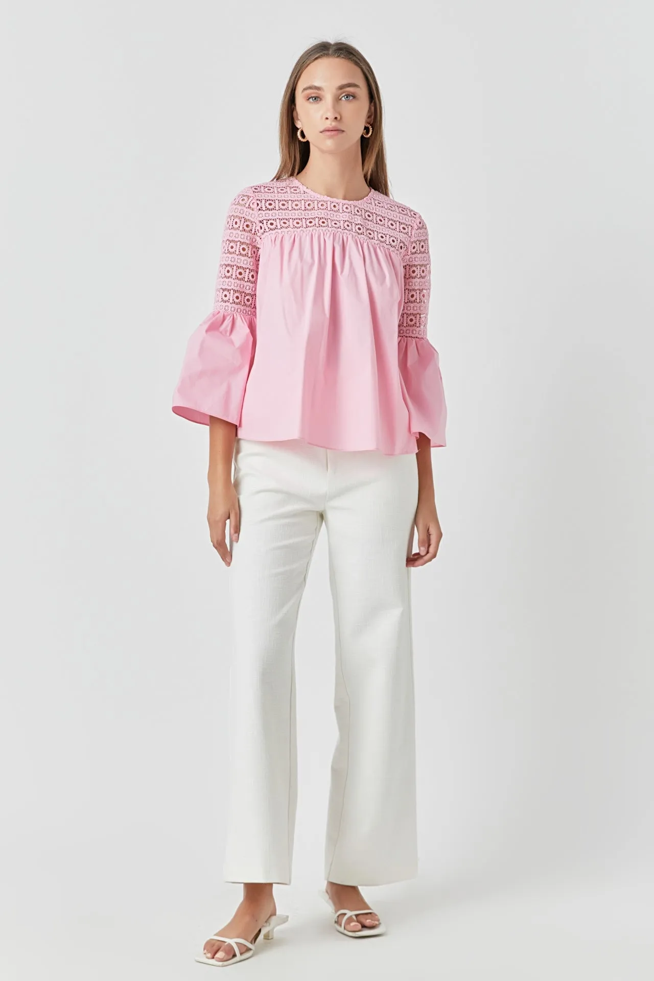 Lace with Poplin Bell Sleeve Blouse