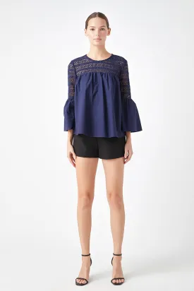 Lace with Poplin Bell Sleeve Blouse