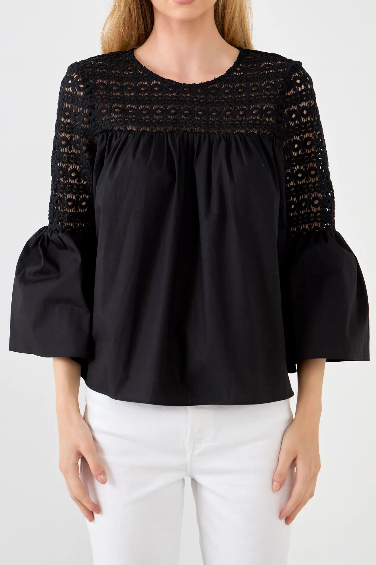 Lace with Poplin Bell Sleeve Blouse