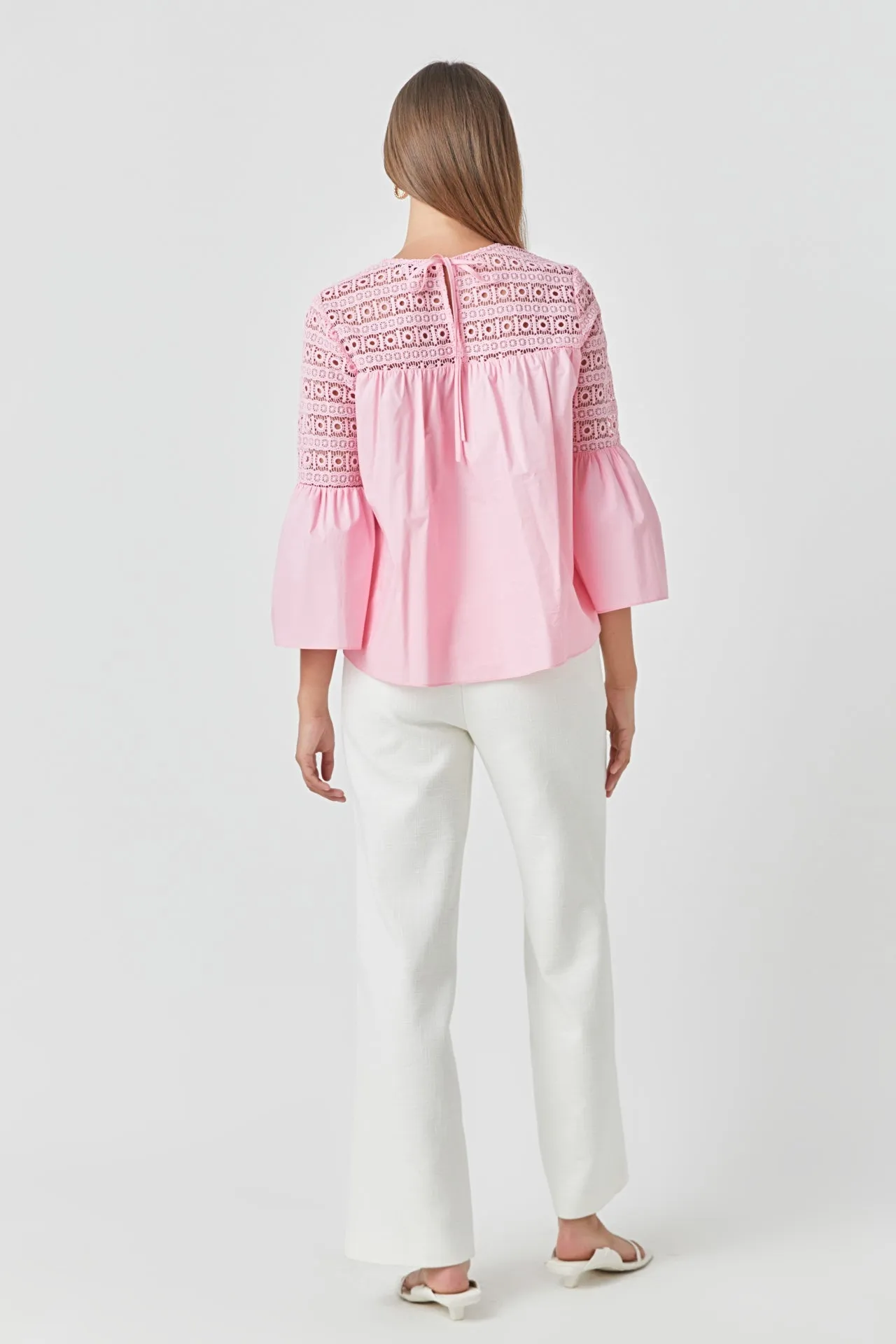 Lace with Poplin Bell Sleeve Blouse