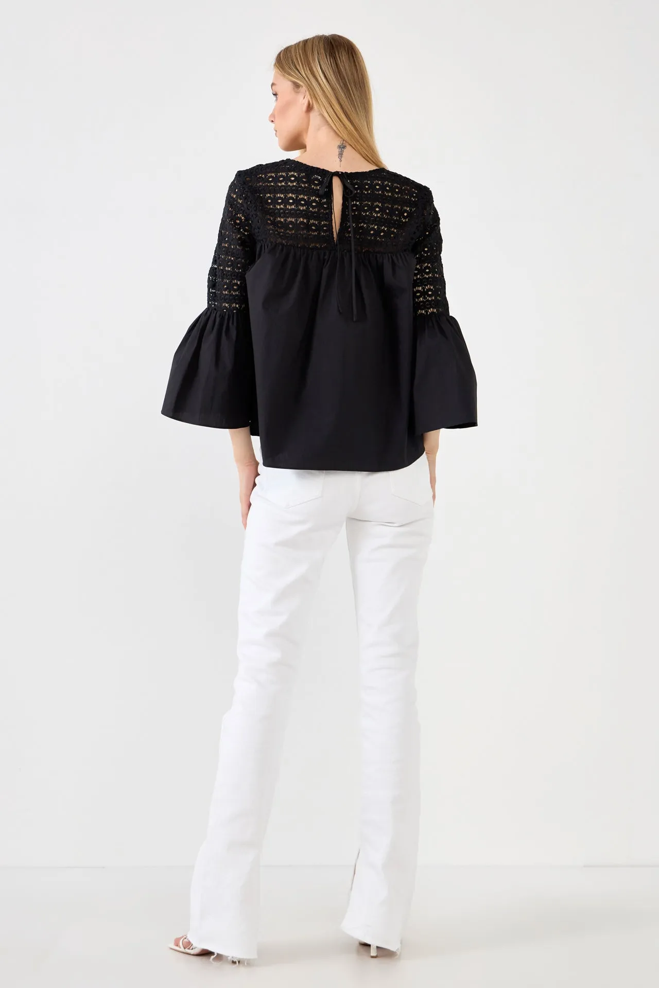 Lace with Poplin Bell Sleeve Blouse