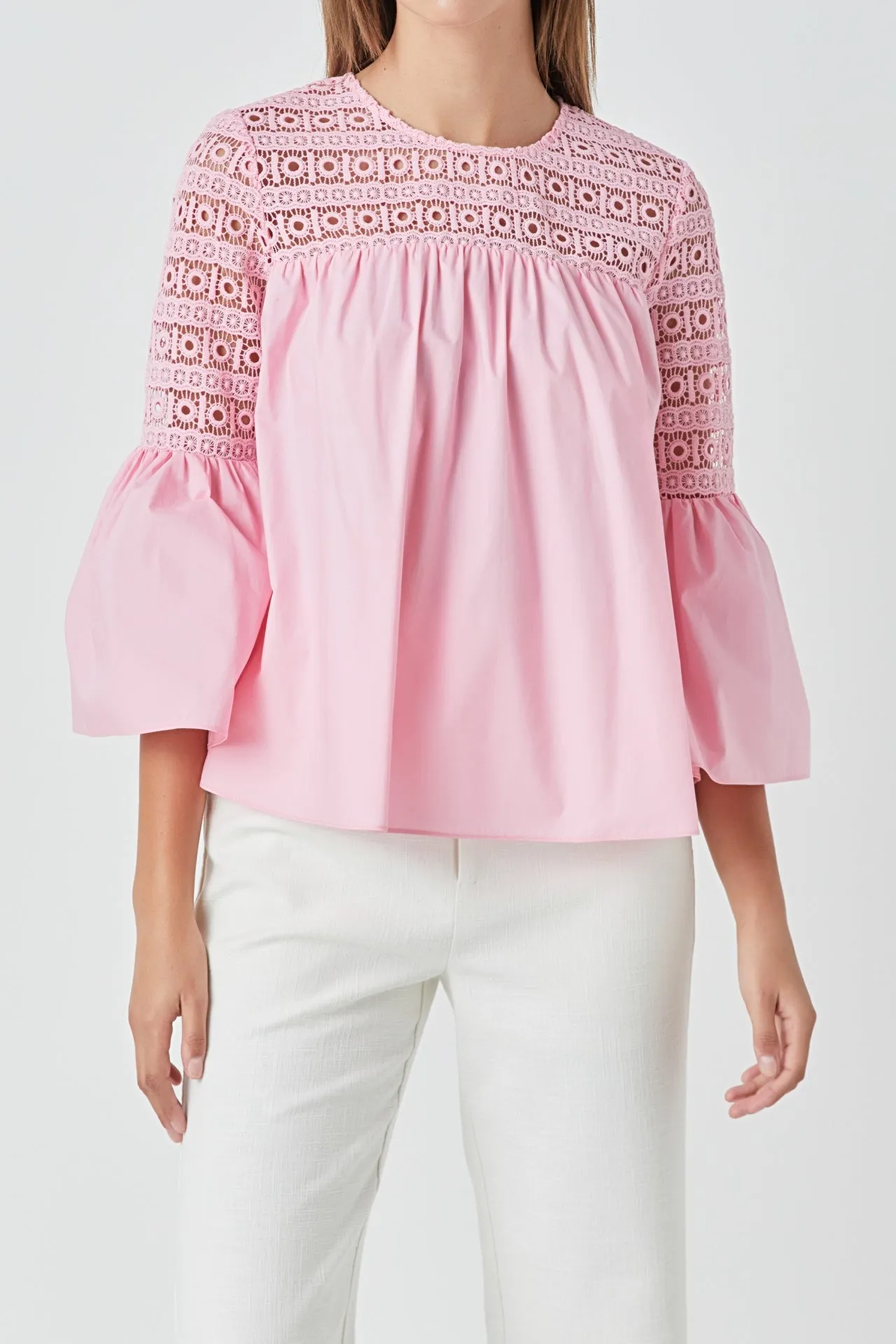 Lace with Poplin Bell Sleeve Blouse