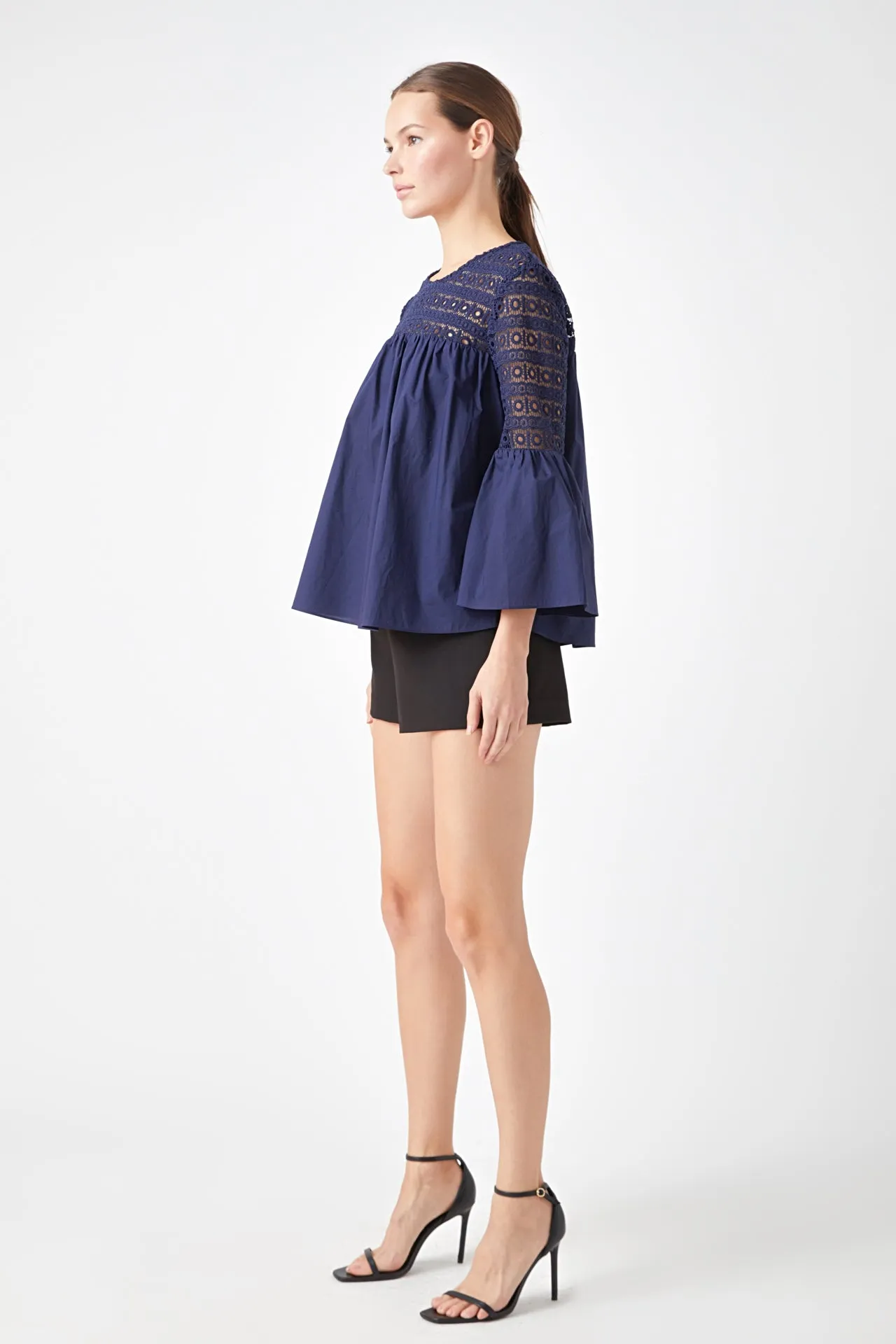 Lace with Poplin Bell Sleeve Blouse