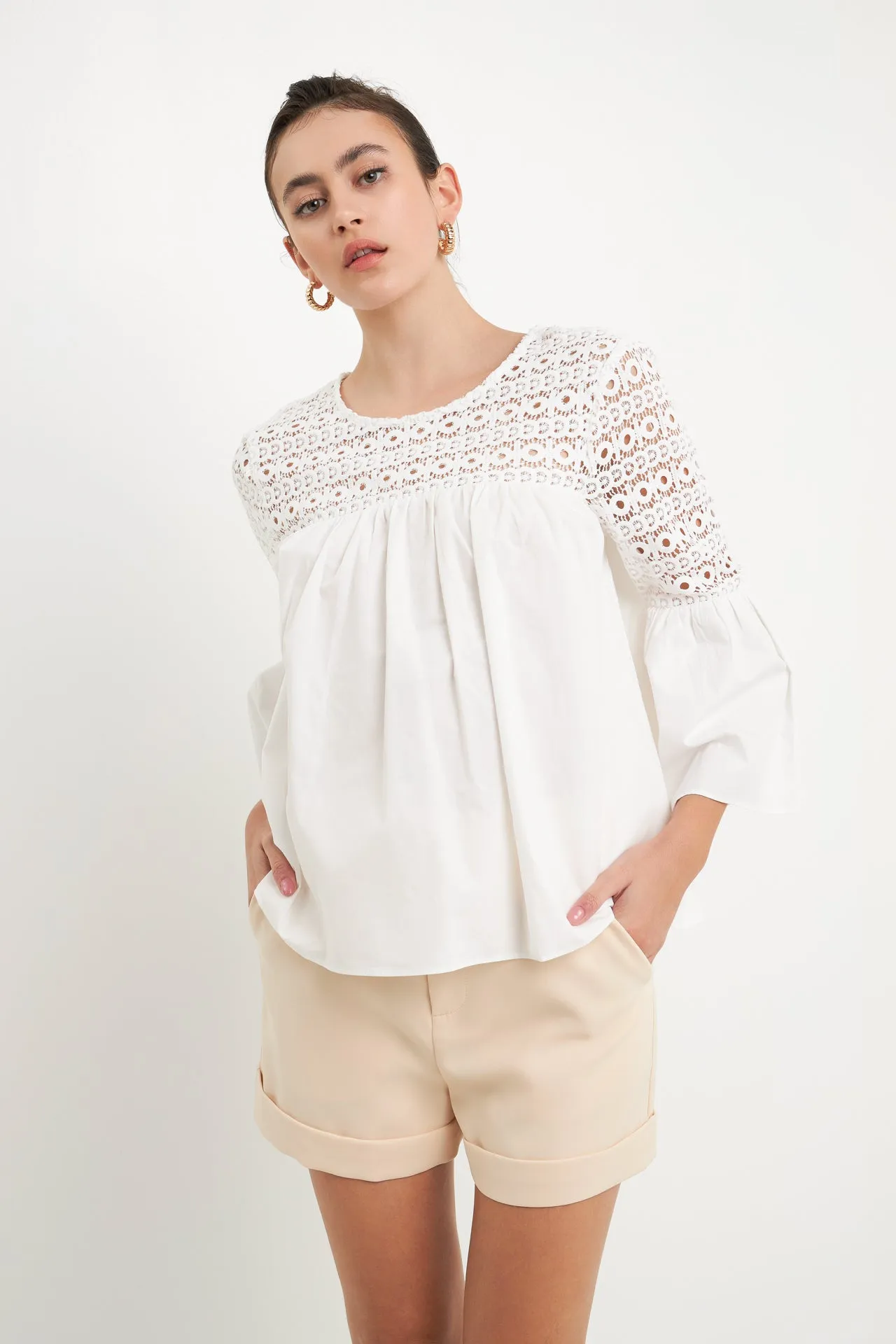 Lace with Poplin Bell Sleeve Blouse