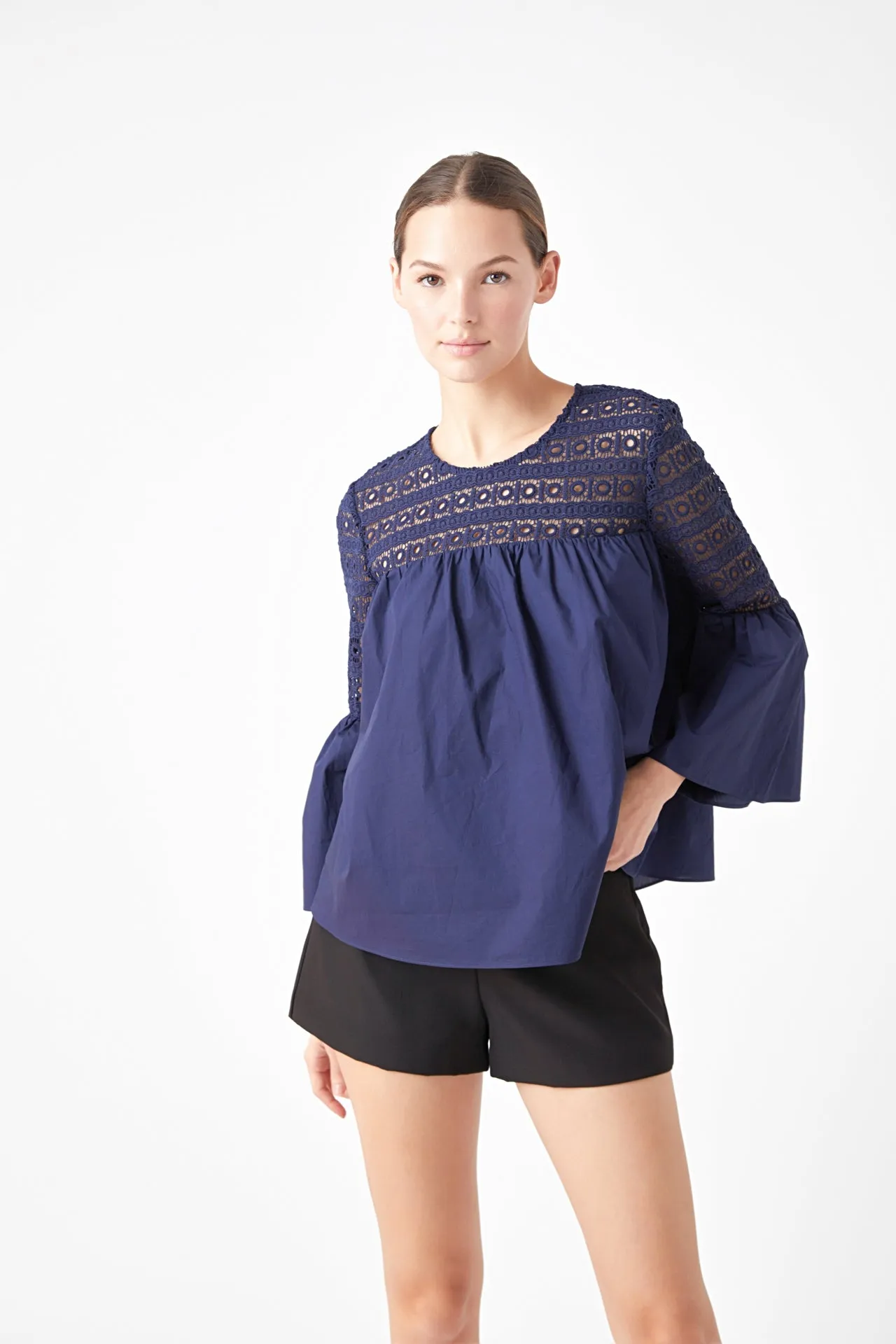 Lace with Poplin Bell Sleeve Blouse