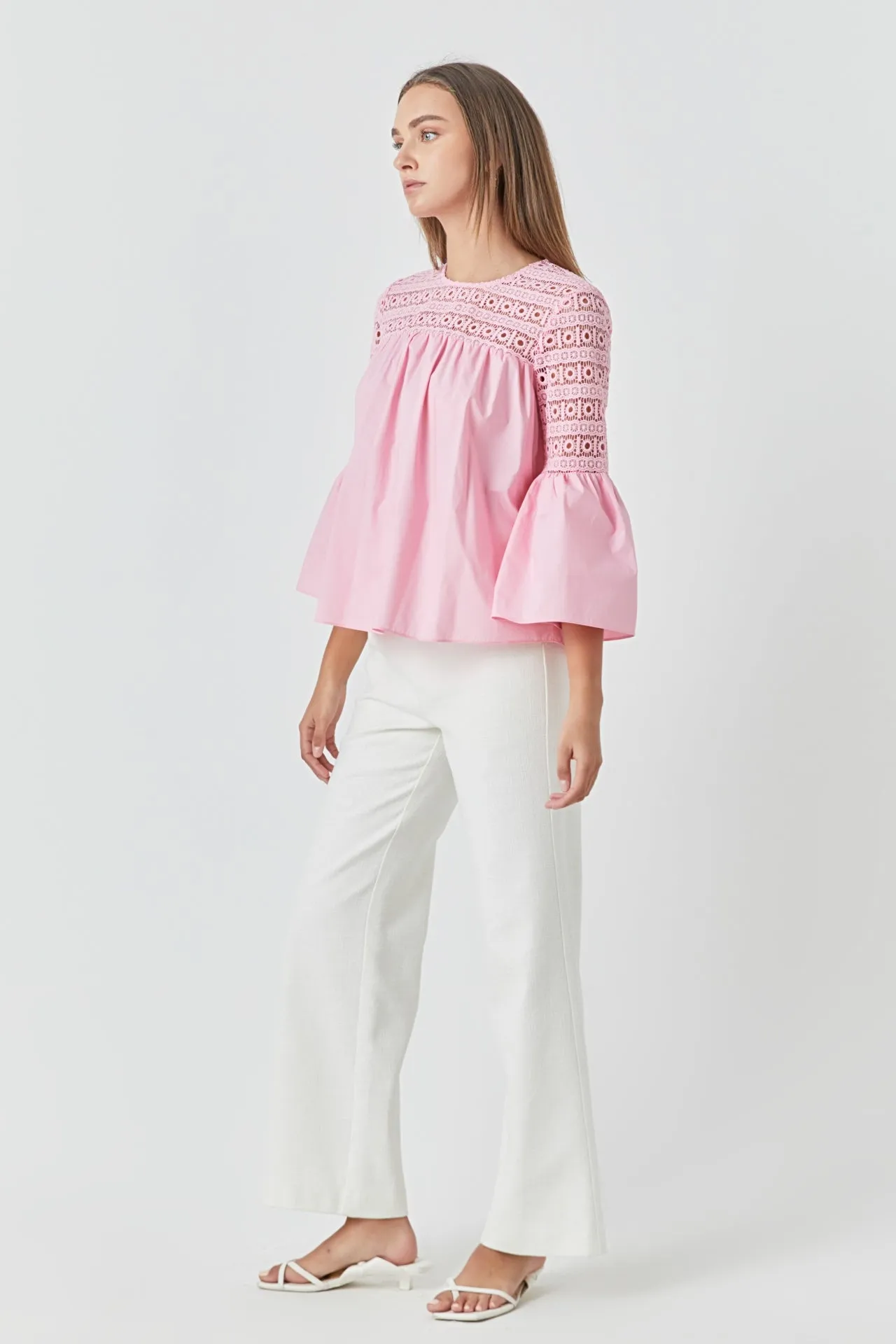 Lace with Poplin Bell Sleeve Blouse