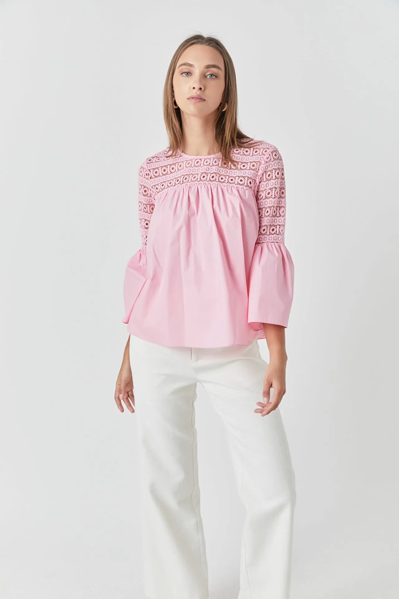 Lace with Poplin Bell Sleeve Blouse