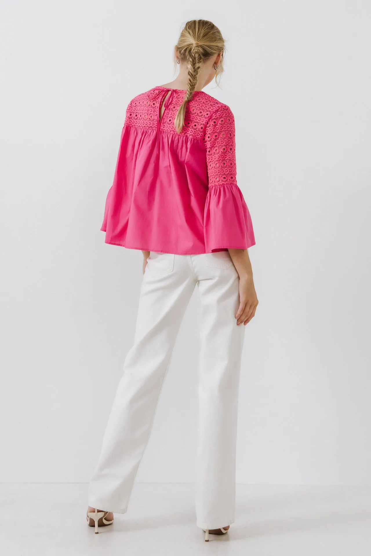 Lace with Poplin Bell Sleeve Blouse