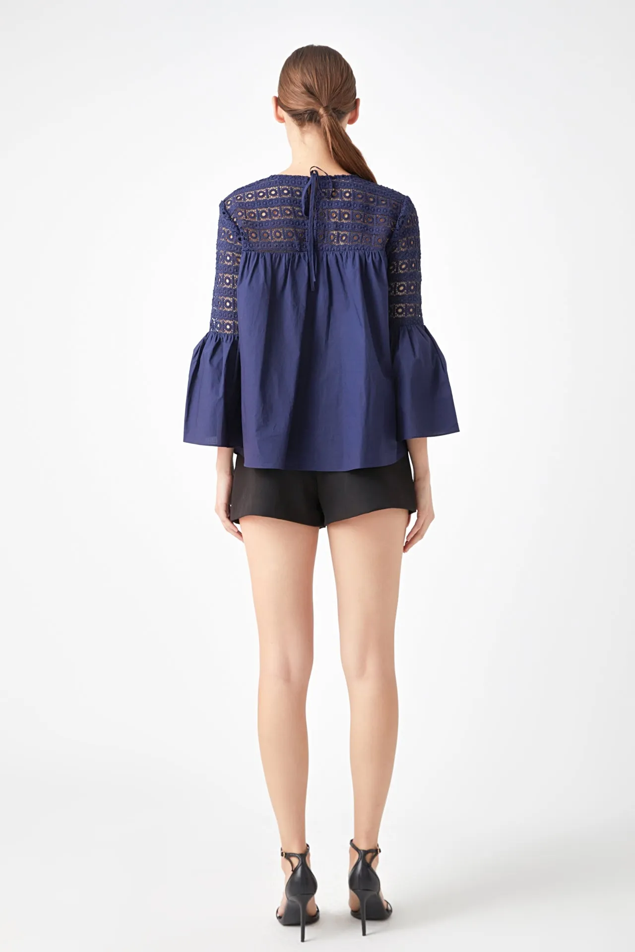 Lace with Poplin Bell Sleeve Blouse