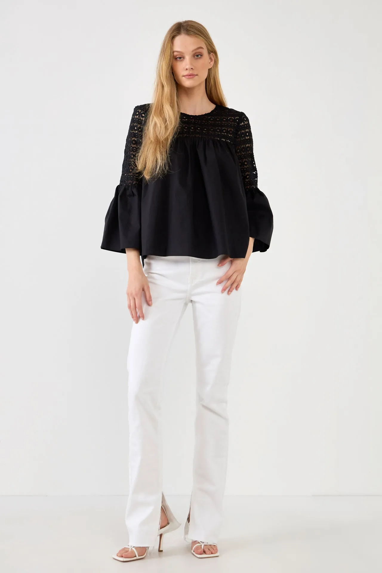 Lace with Poplin Bell Sleeve Blouse