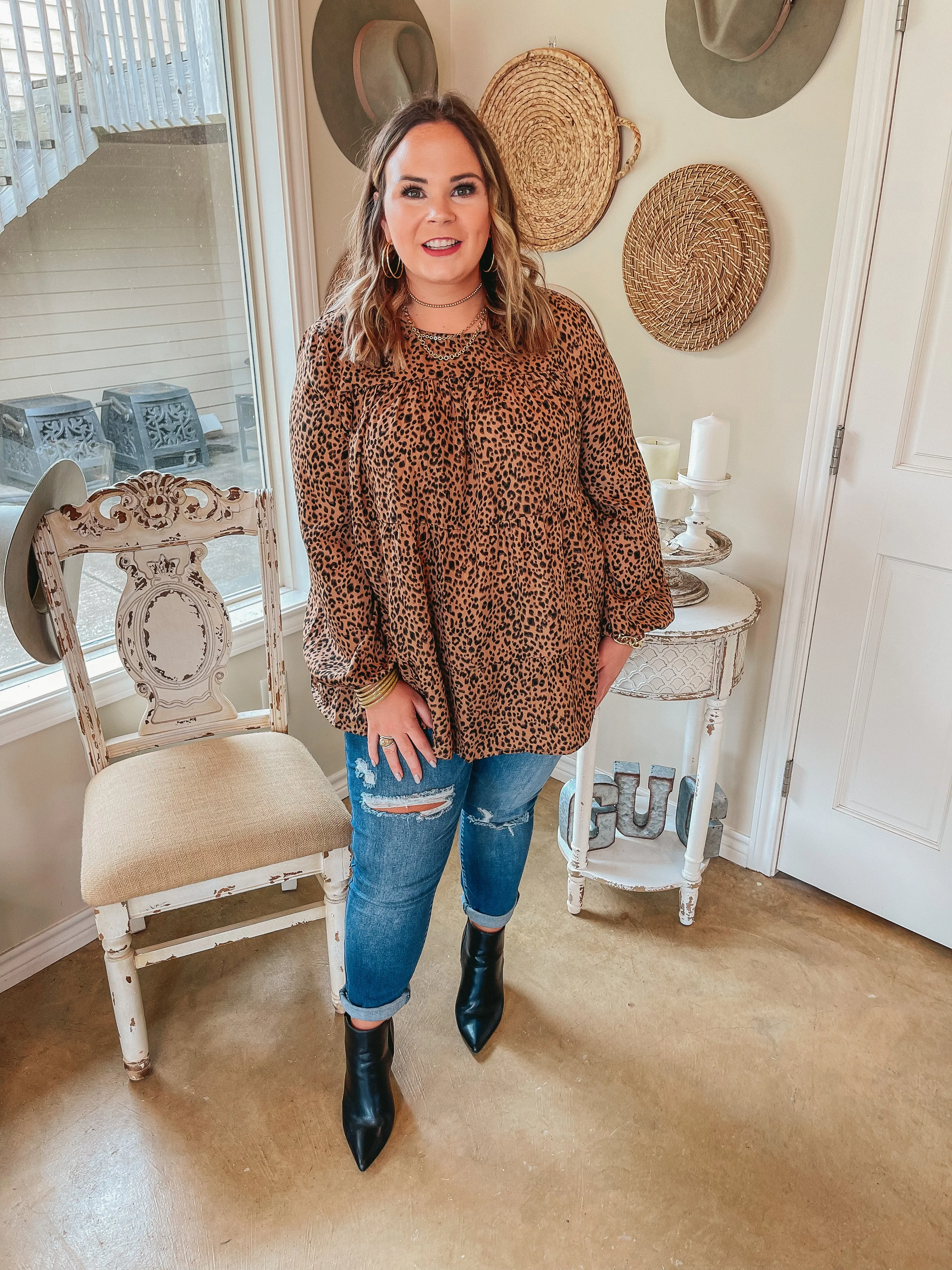 Last Chance Size Small | Tell Me Your Dreams Long Sleeve Tiered Leopard Blouse in Brown