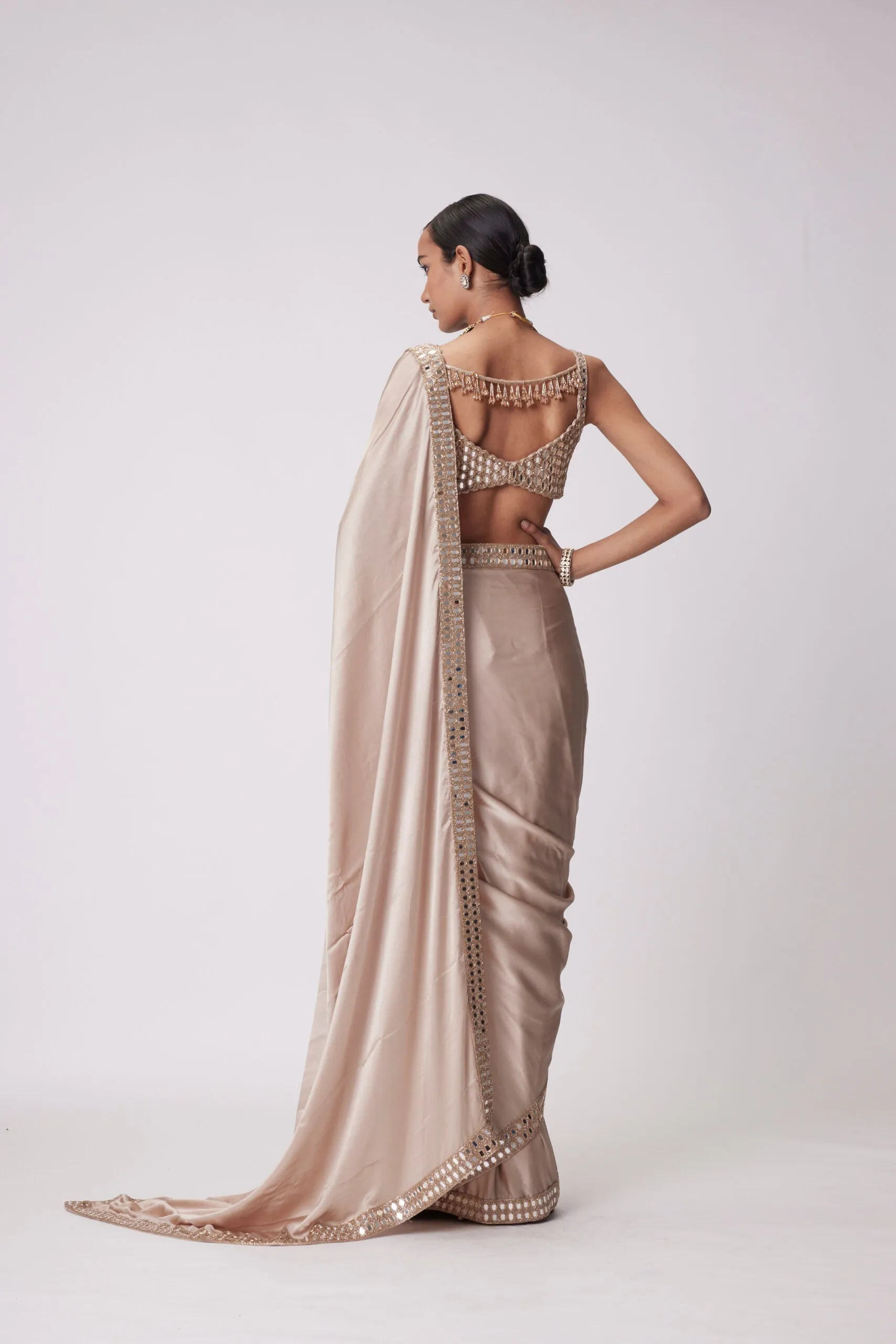 LIGHT BEIGE SATIN SAREE SET