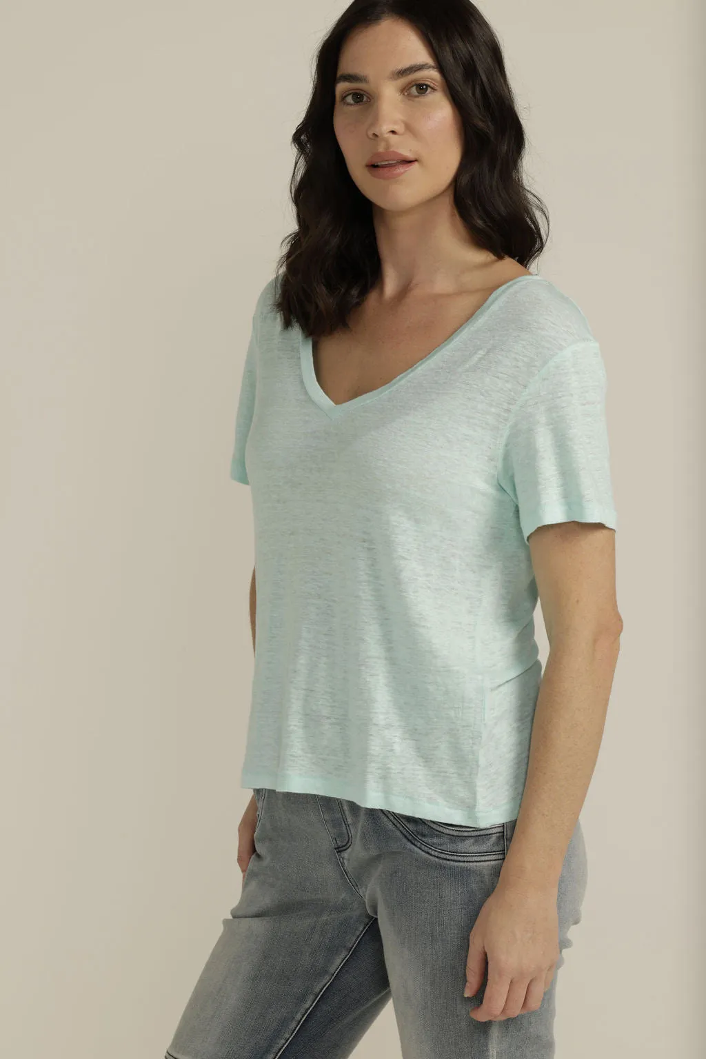 Linen V Neck Tee Aqua