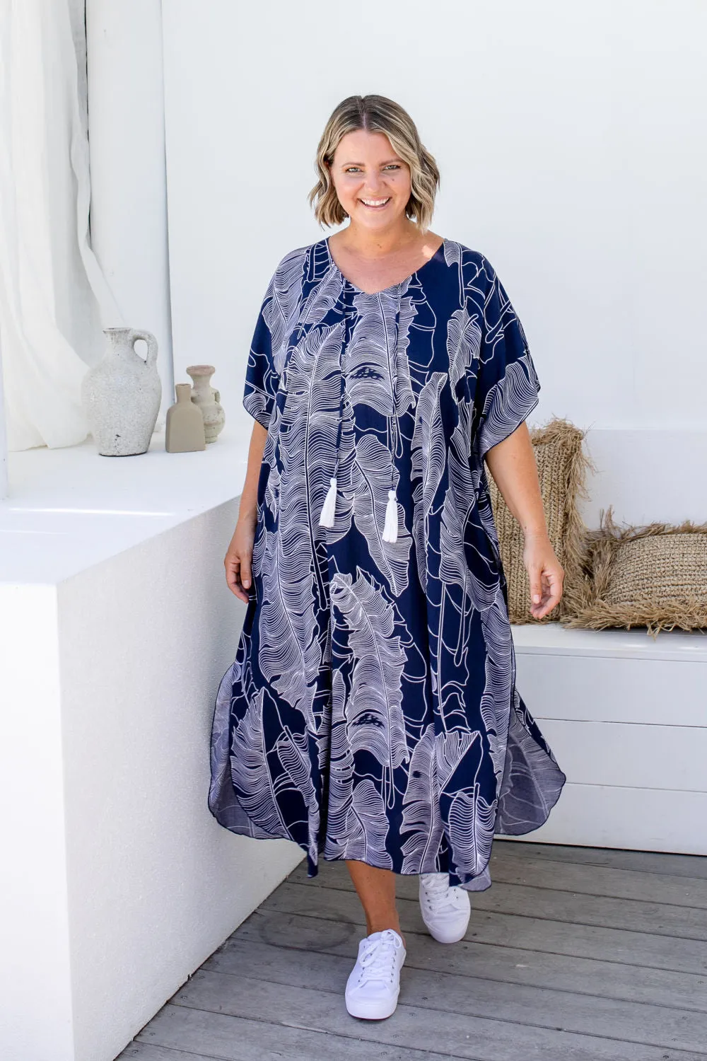 Long Kaftan Dress - Blue Leaf