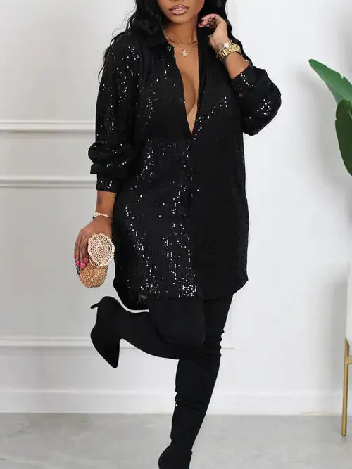 Long Sleeve Allover Sequin Shirt Dress