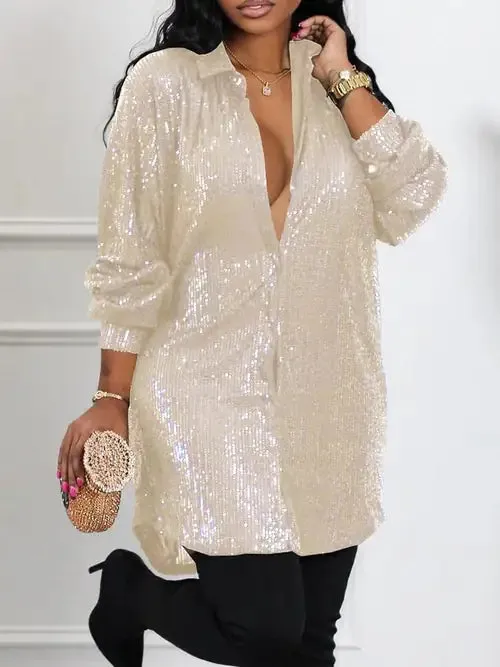 Long Sleeve Allover Sequin Shirt Dress