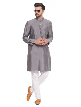 Men's Classic Ethnic Motif Jacquard Silk Blend Kurta With Golden Buttons And White Cotton Pyjama - Vastramay