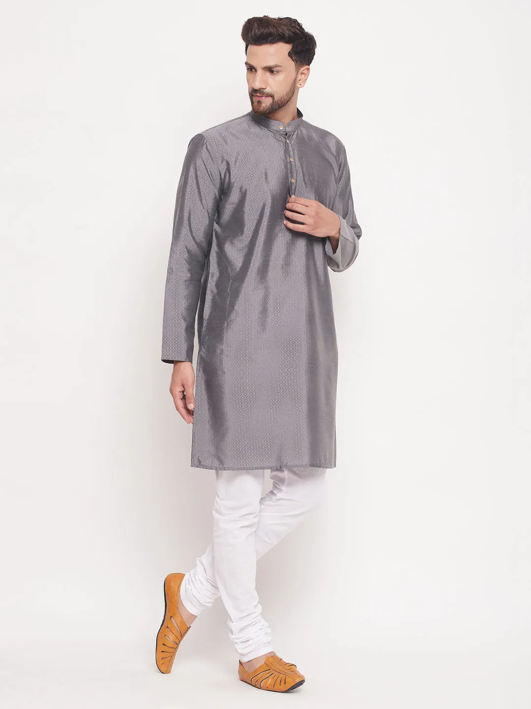 Men's Classic Ethnic Motif Jacquard Silk Blend Kurta With Golden Buttons And White Cotton Pyjama - Vastramay