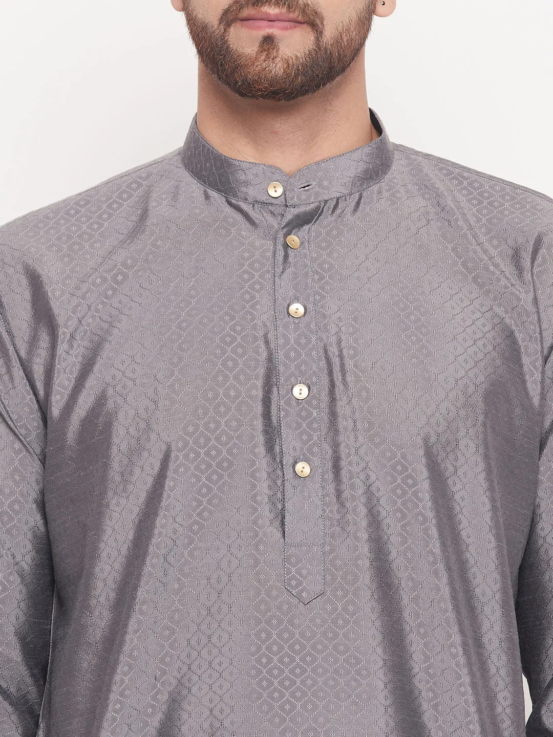 Men's Classic Ethnic Motif Jacquard Silk Blend Kurta With Golden Buttons And White Cotton Pyjama - Vastramay