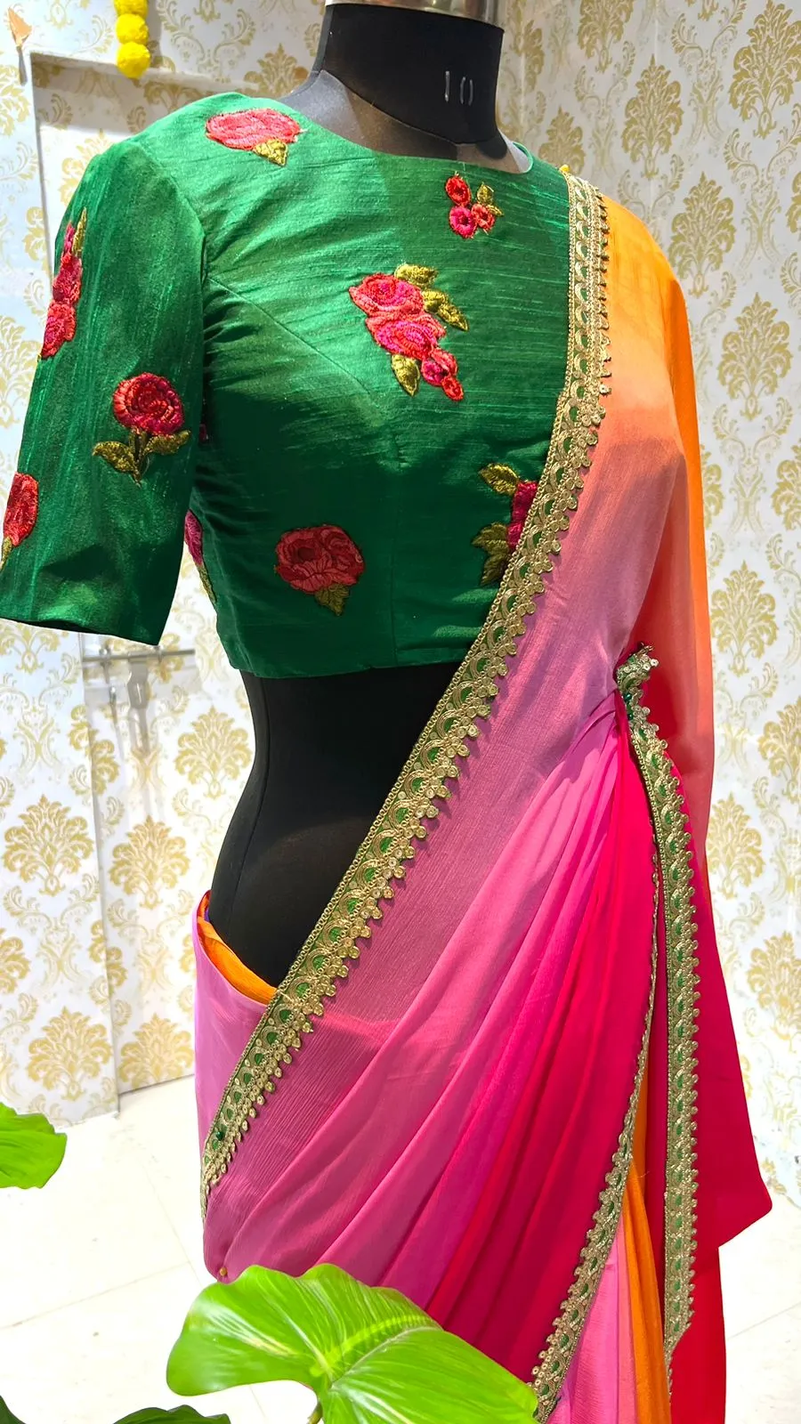 Multi chiffon designer saree with green handwork blouse