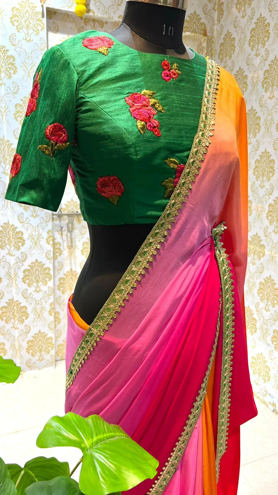 Multi chiffon designer saree with green handwork blouse