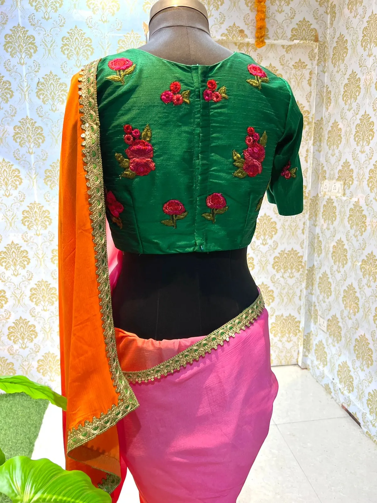 Multi chiffon designer saree with green handwork blouse