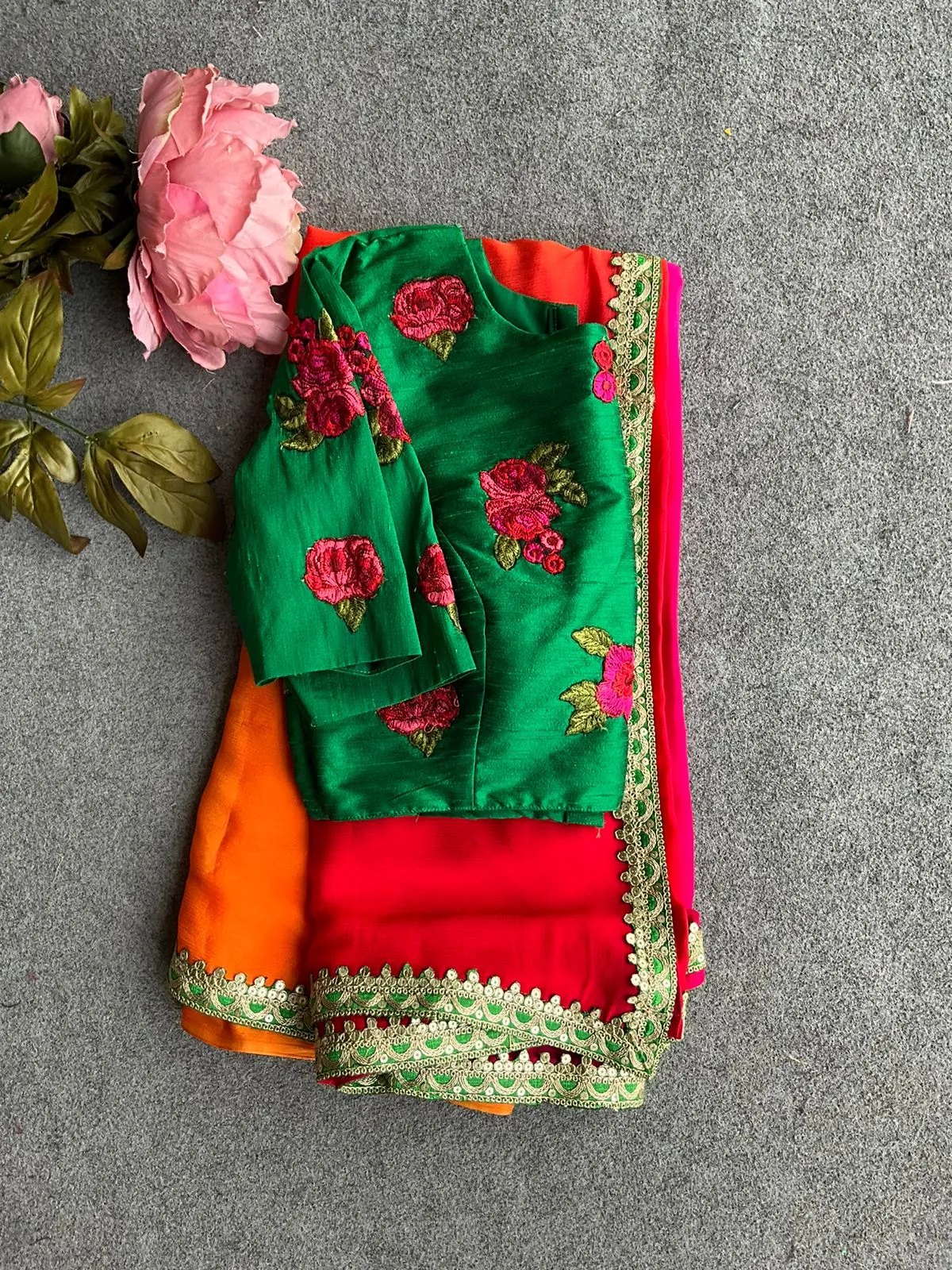 Multi chiffon designer saree with green handwork blouse