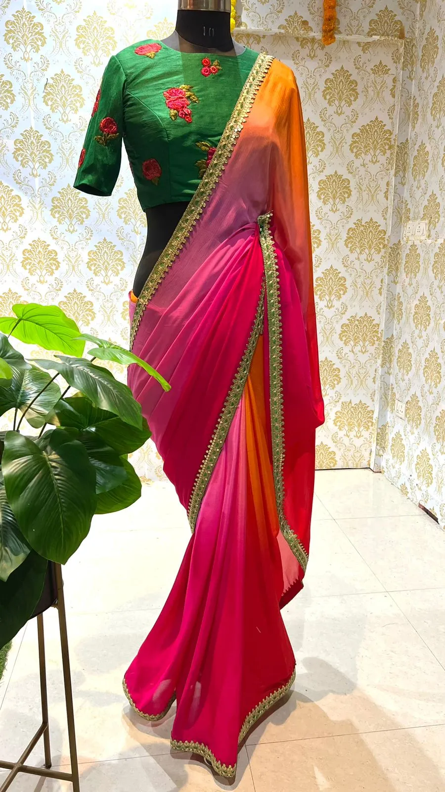 Multi chiffon designer saree with green handwork blouse