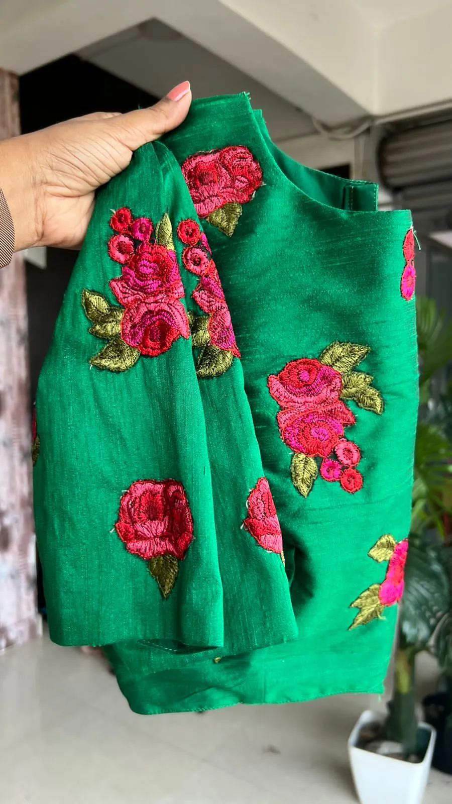 Multi chiffon designer saree with green handwork blouse