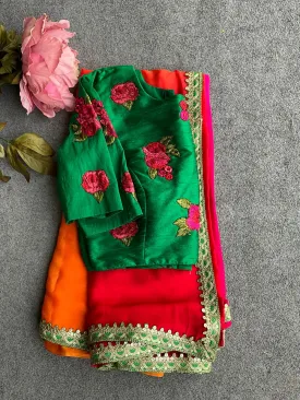 Multi chiffon designer saree with green handwork blouse