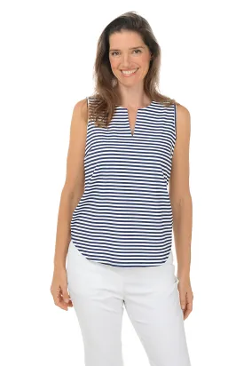 Navy Striped UPF50  Split Neck Sleeveless Top