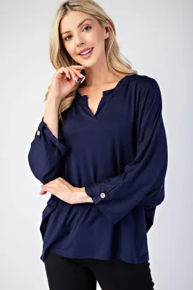 Notched Three-Quarter Sleeve Blouse - Navy