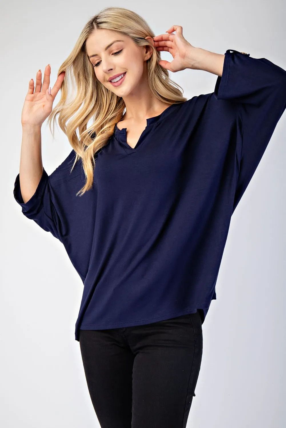 Notched Three-Quarter Sleeve Blouse - Navy