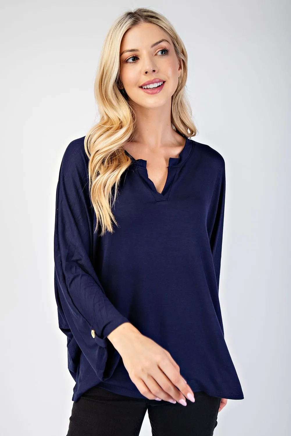 Notched Three-Quarter Sleeve Blouse - Navy