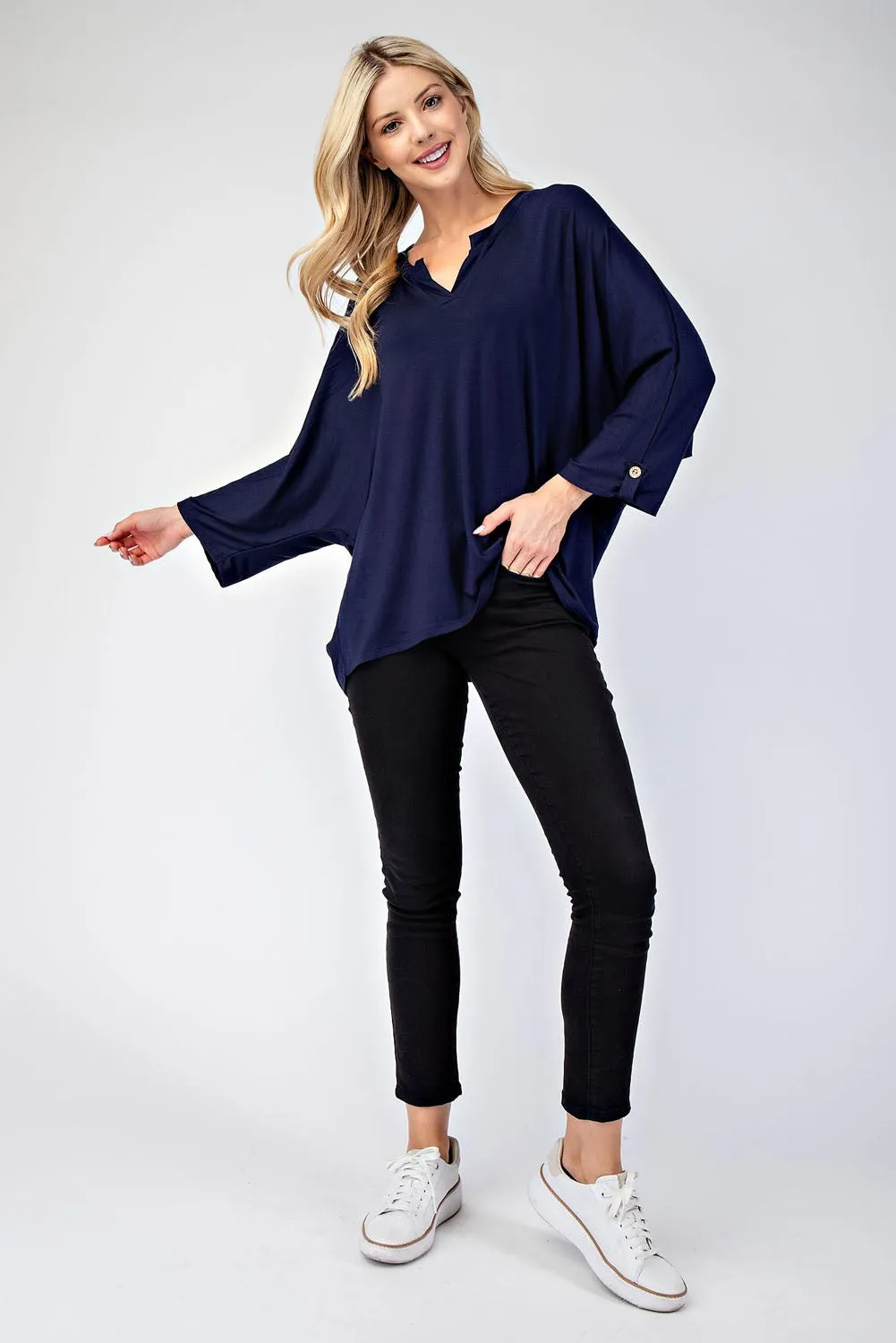 Notched Three-Quarter Sleeve Blouse - Navy