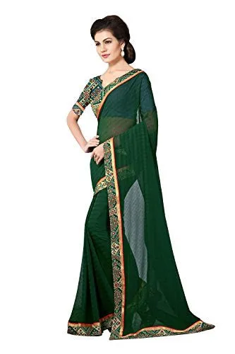 Oomph! Chiffon Saree With Printed Blouse And Border (Green)