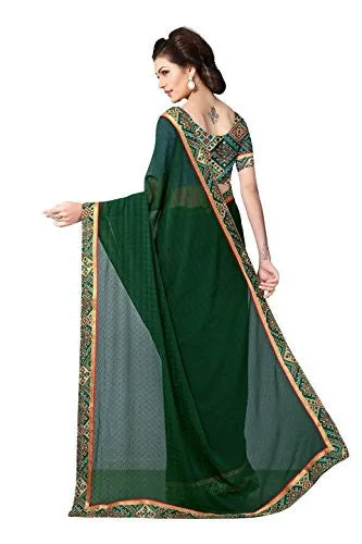 Oomph! Chiffon Saree With Printed Blouse And Border (Green)