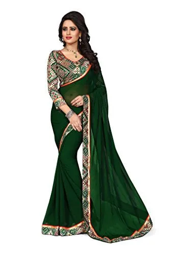 Oomph! Chiffon Saree With Printed Blouse And Border (Green)