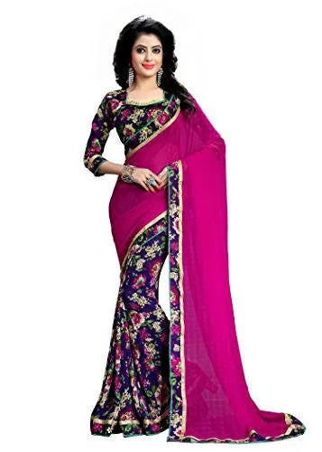 Oomph! Women's Chiffon Sarees Party Wear/Fancy Chiffon Sarees/Printed Chiffon Sarees - Magenta &amp; Indigo Blue