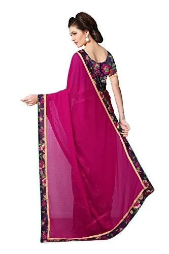 Oomph! Women's Chiffon Sarees Party Wear/Fancy Chiffon Sarees/Printed Chiffon Sarees - Magenta &amp; Indigo Blue