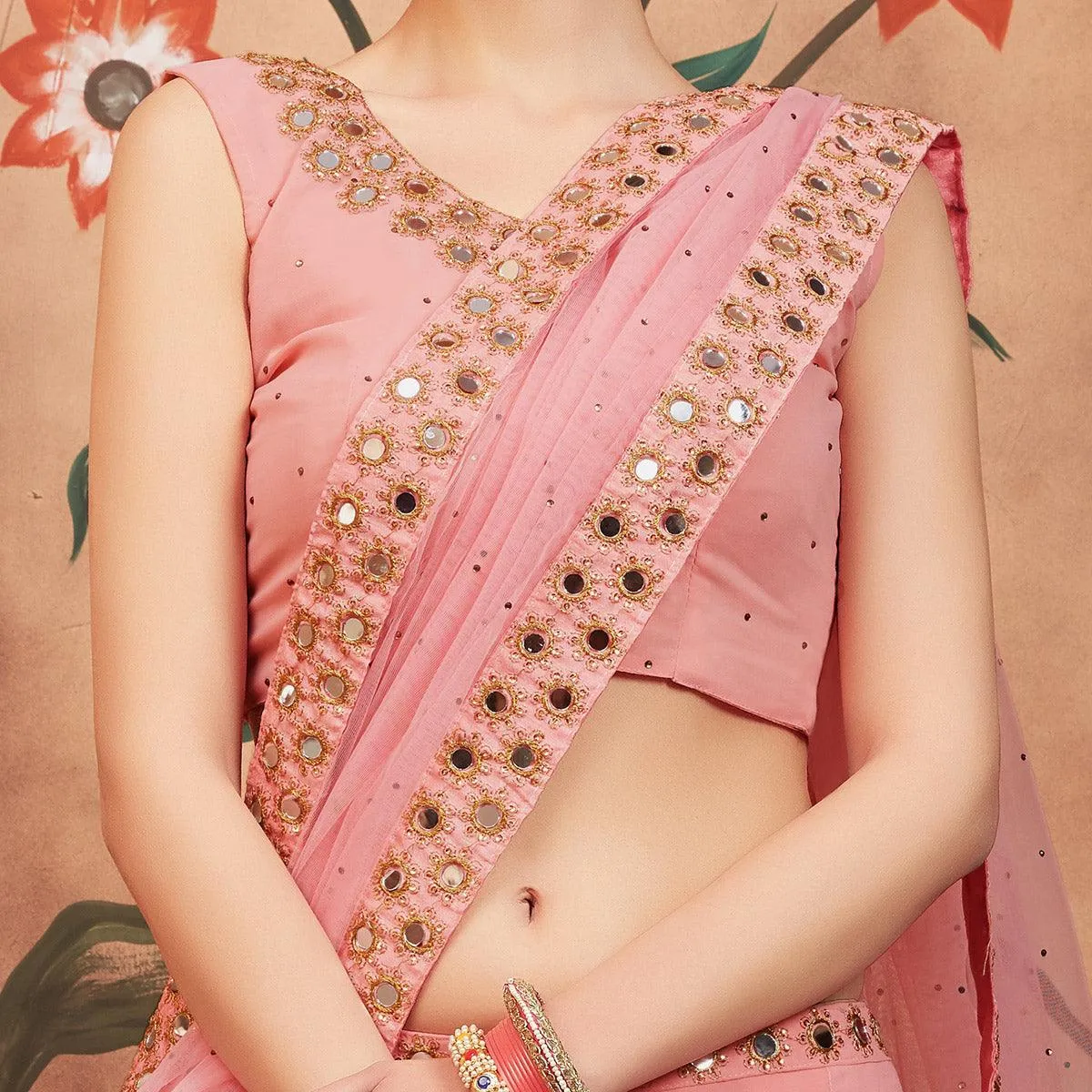 Peach Festive Wear Mirror Zari Sequins Work Georgette Lehenga Choli