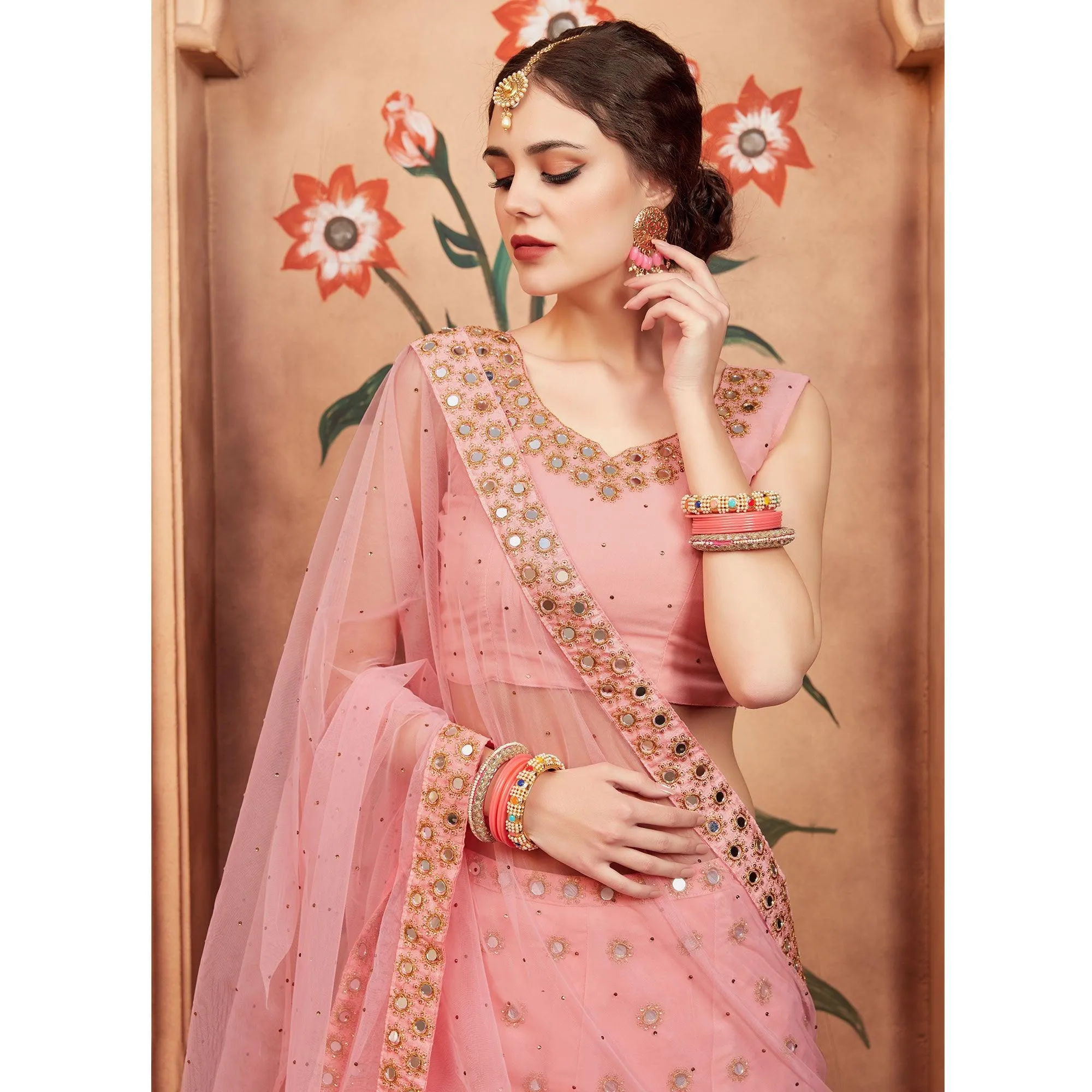 Peach Festive Wear Mirror Zari Sequins Work Georgette Lehenga Choli