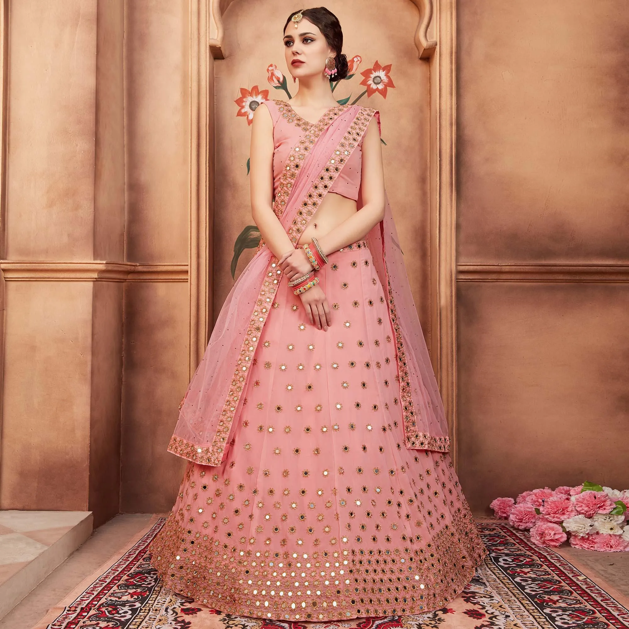 Peach Festive Wear Mirror Zari Sequins Work Georgette Lehenga Choli