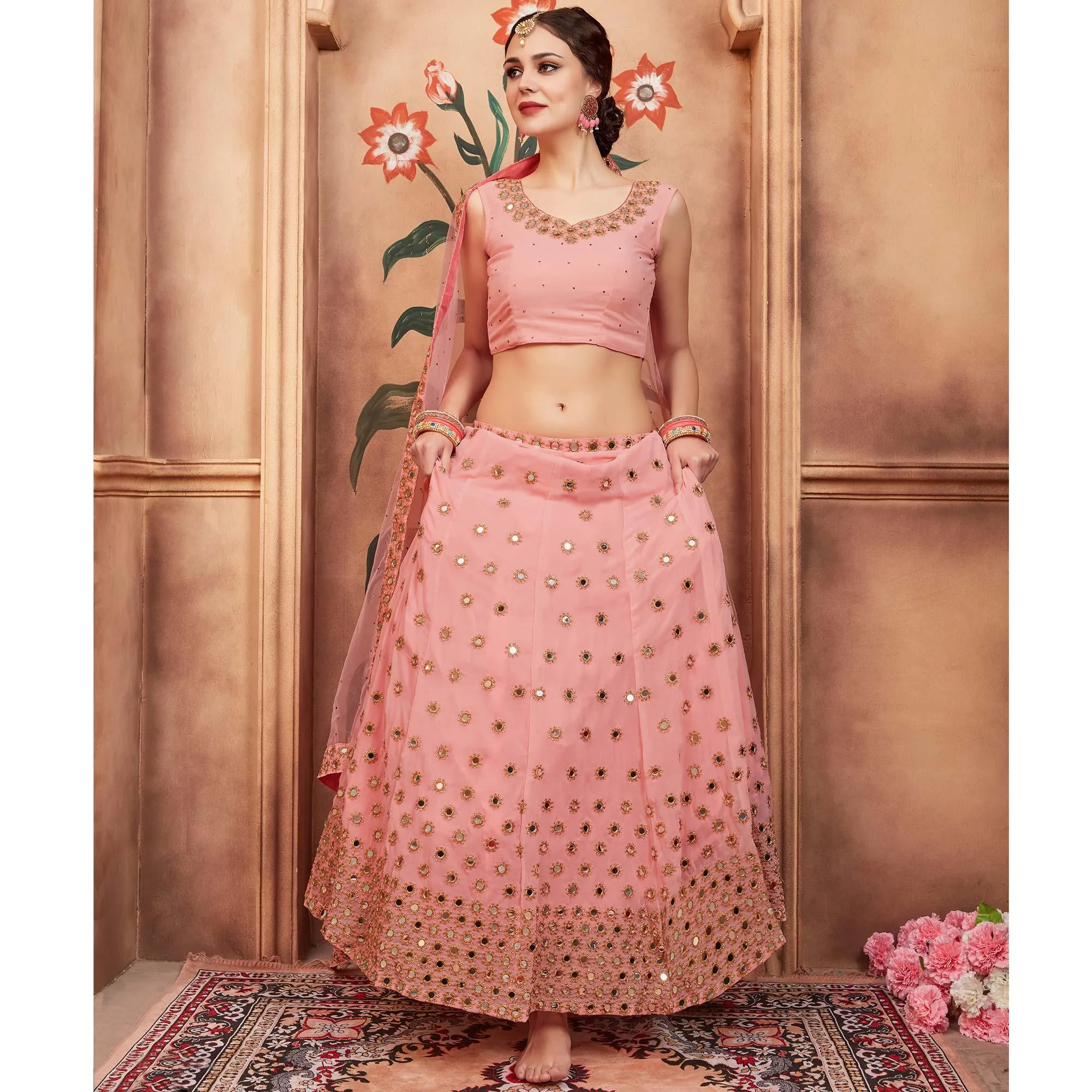 Peach Festive Wear Mirror Zari Sequins Work Georgette Lehenga Choli