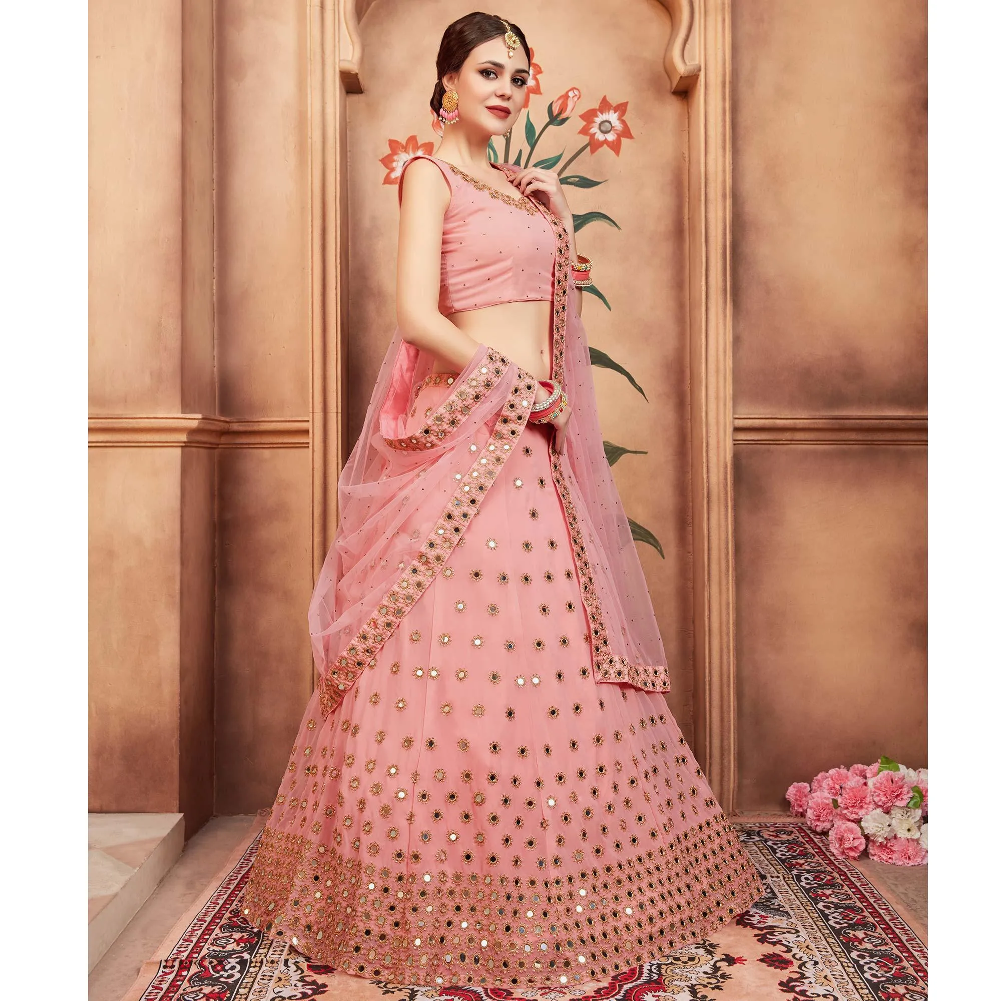 Peach Festive Wear Mirror Zari Sequins Work Georgette Lehenga Choli