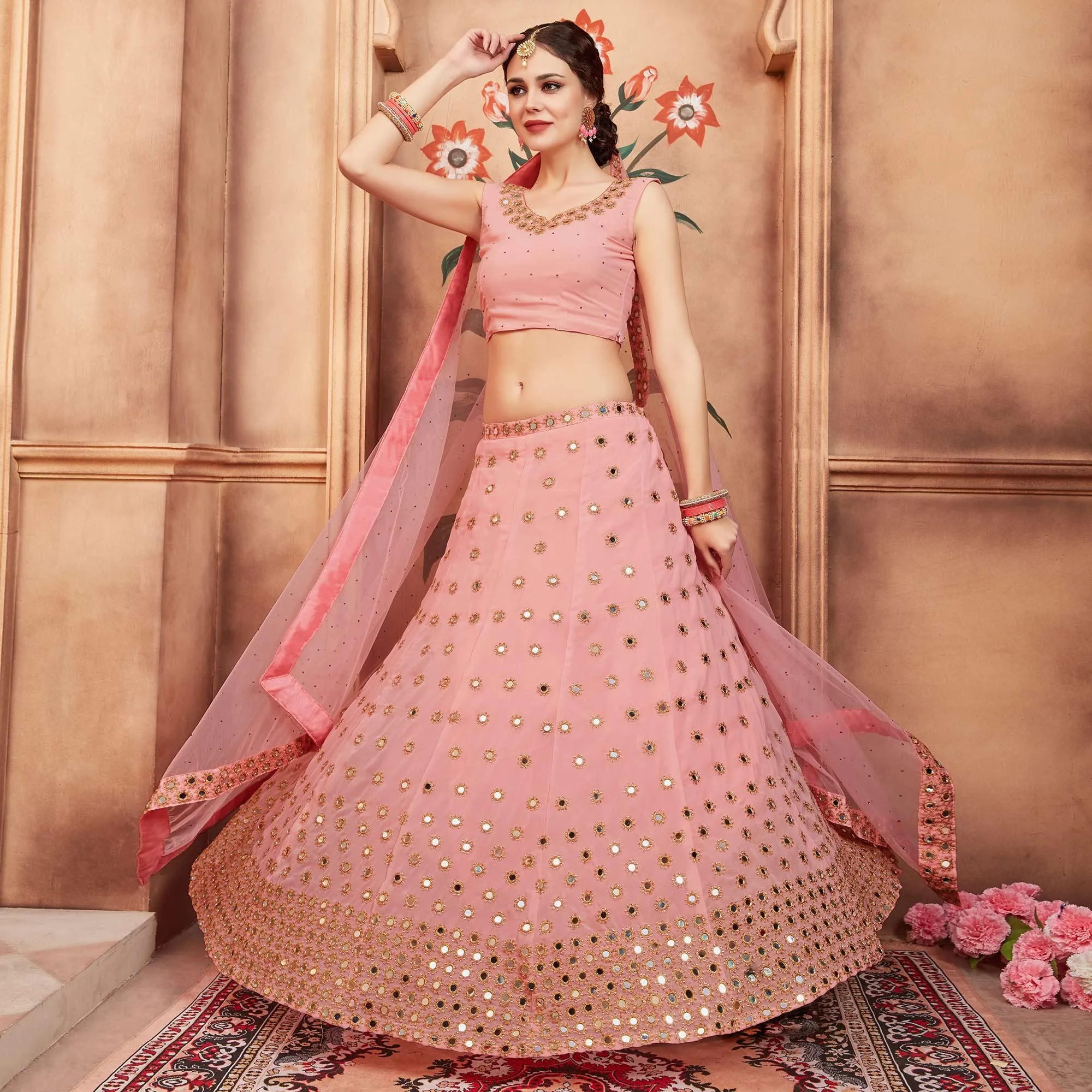 Peach Festive Wear Mirror Zari Sequins Work Georgette Lehenga Choli