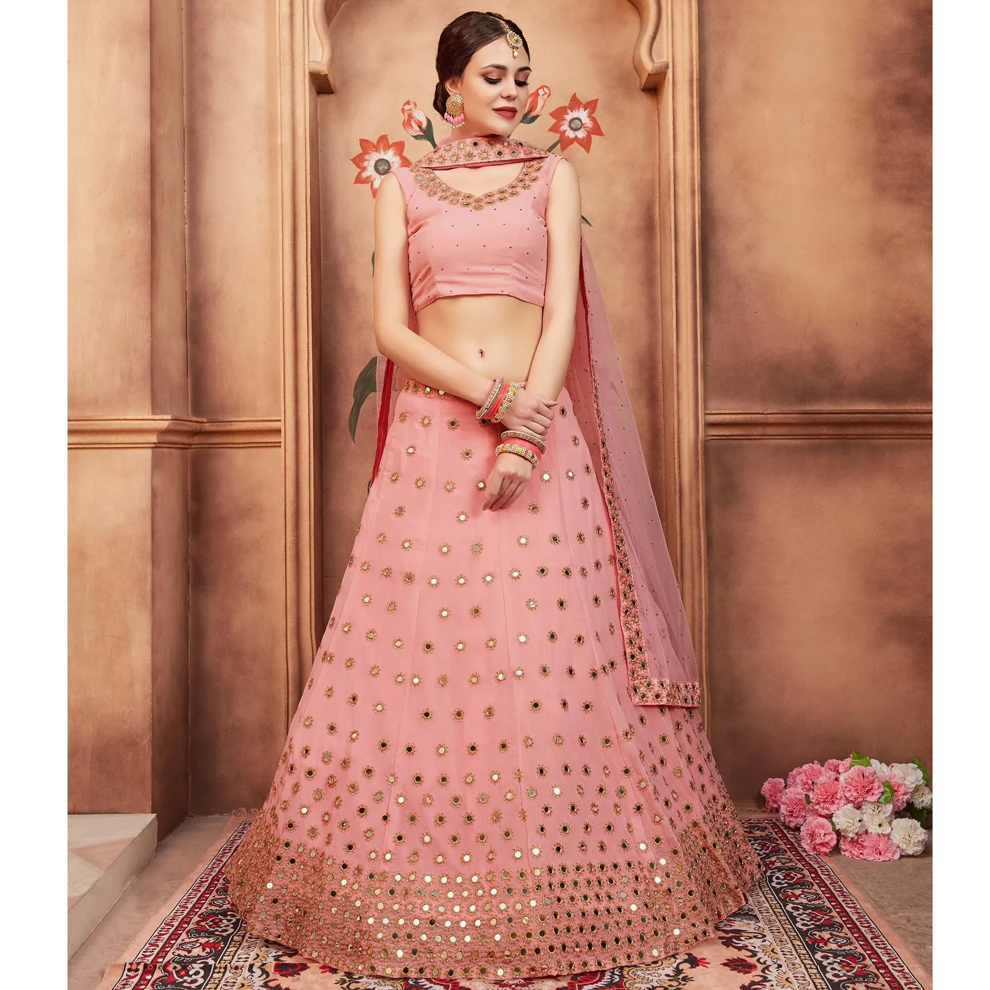 Peach Festive Wear Mirror Zari Sequins Work Georgette Lehenga Choli