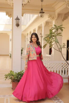 Pink Chinnon Lehenga Set with Sleeveless Blouse and Jacquard Koti