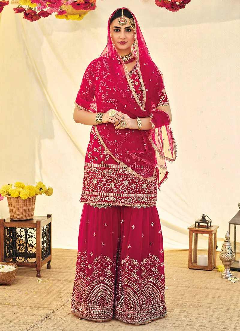 Pink Zari Embroidered Festive Wear Sharara Style Suit